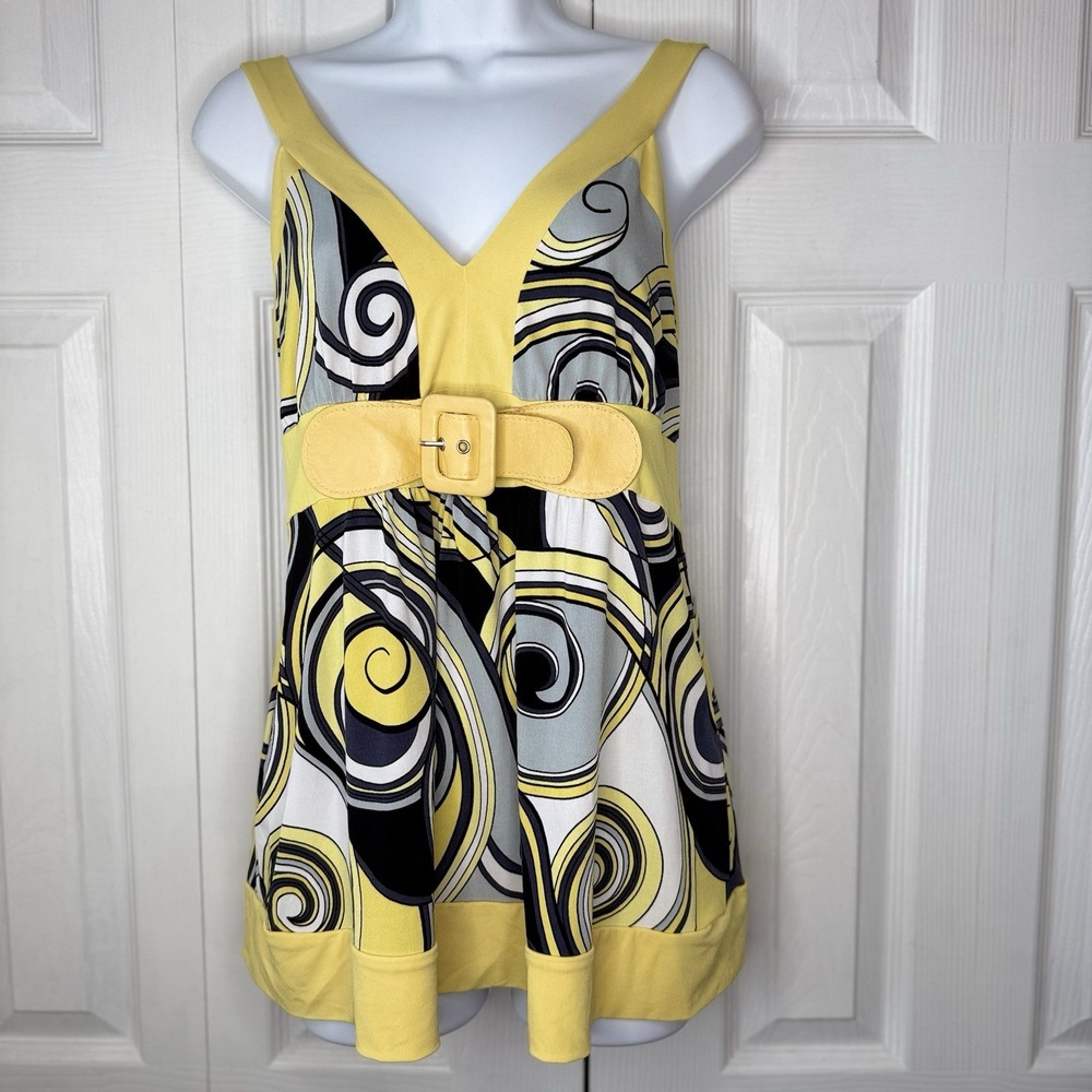 Fashion Bug Vintage Y2K Psychedelic Swirl Tunic Top Belted Yellow Babydoll S